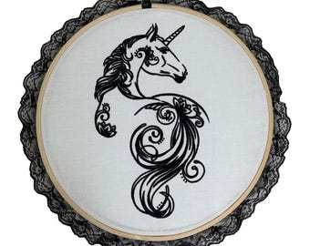 Unicorn Embroidery Wall Art Hanging Bamboo Hoop 11" Handmade New