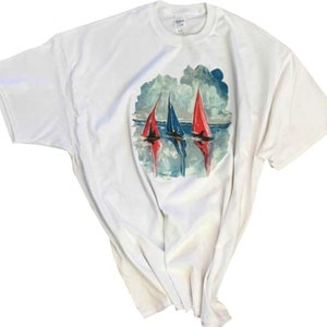 Sailing Boating T Shirt, Scenic 3 Sailboats, Sweatshirt, Hoodie Available on Request) #745*