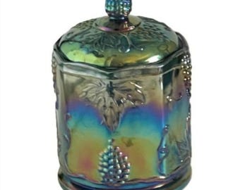 Vintage Blue Carnival Glass Harvest Grape Lidded Candy Jar Canister Indiana 7"