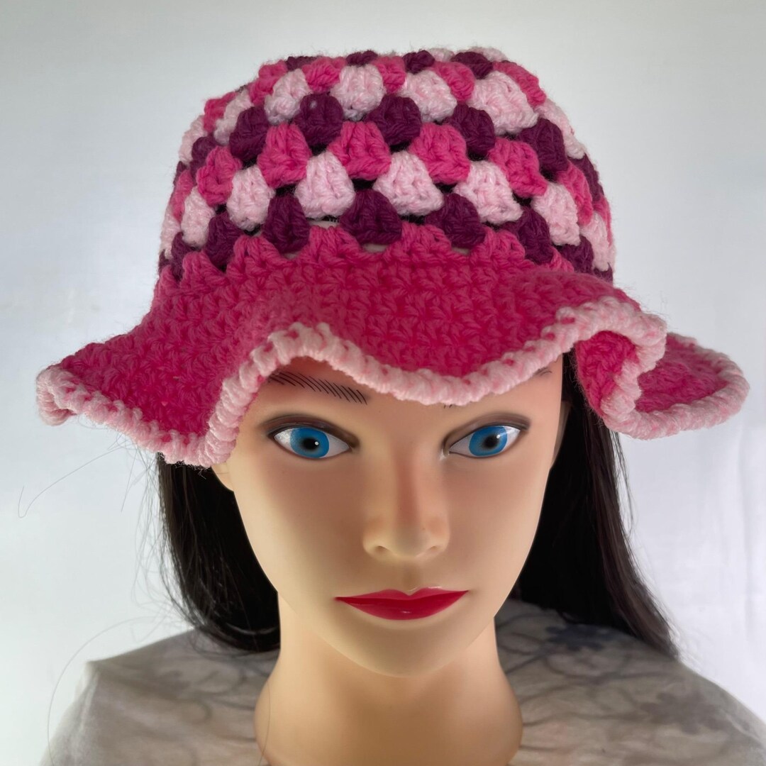 Crochet Bucket Hat Granny Square Pattern Pink and Burgundy Adult Size Handmade Crochet Bucket Hat Granny Square Pattern Pink and Burgundy  main image 2