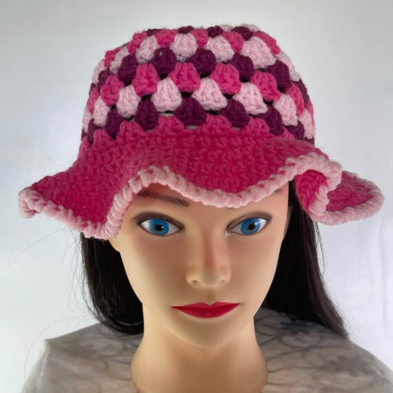 Handcrafted Crochet Bucket Hat Granny Square Acrylic Yarn Handmade Knit The Smiley Granny Scrappy Crochet Bucket Hat PATTERN #13  main image 2