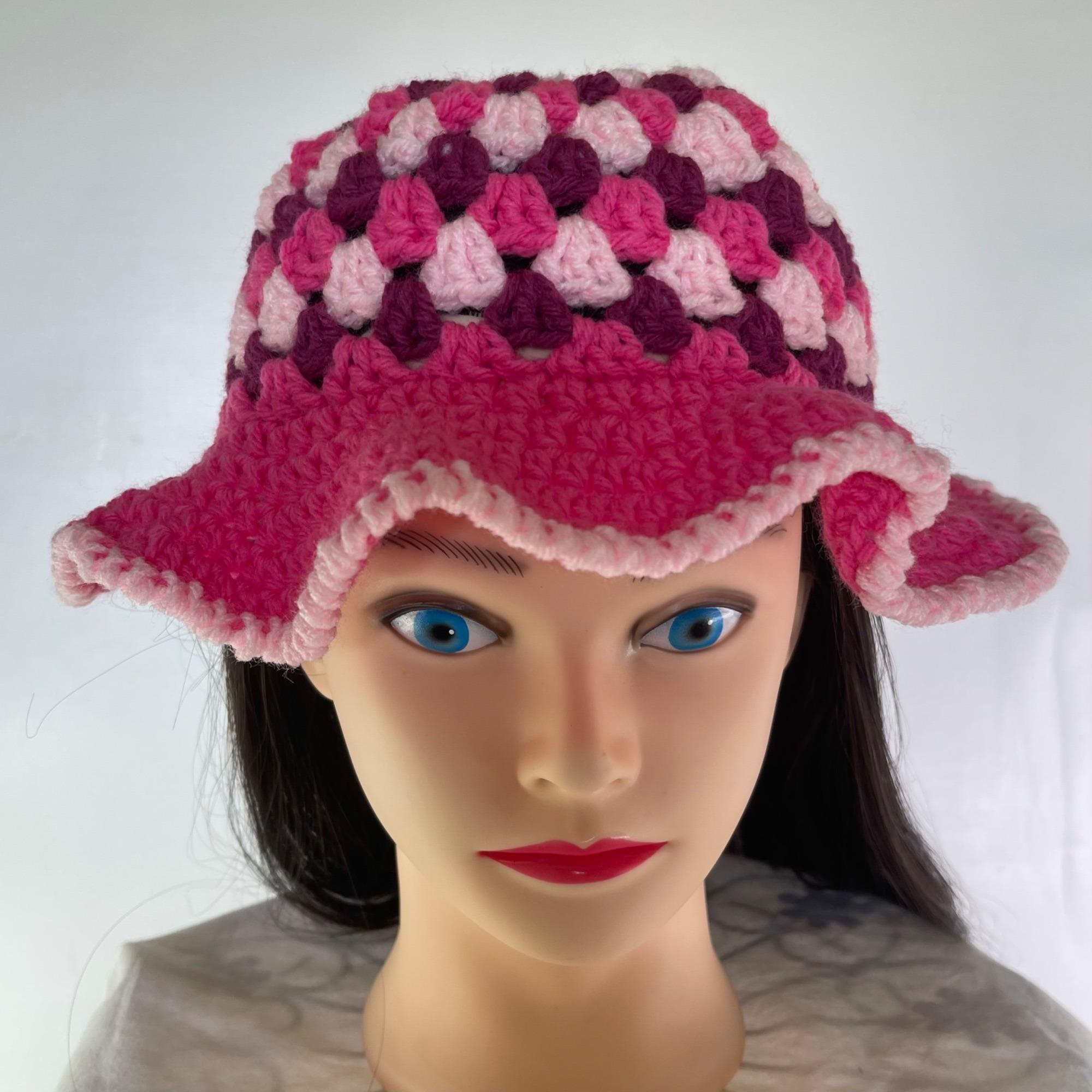 Crochet Bucket Hat Granny Square Pattern Burgundy and Pinks Adult Size Handmade Crochet Bucket Hat Granny Square Pattern Pink Burgundy Adult  main image 4