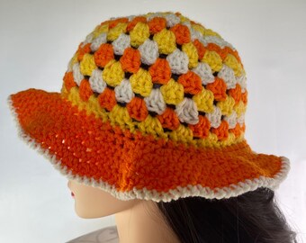 Crochet Bucket Hat Granny Square Pattern Orange Yellow White Adult Handmade Comment WALLFLOWER for the links to make this Adorable  main image 4