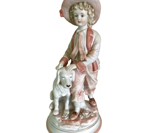 Boy with Dog Pink by Andrea by Sadek Colonial Porcelain Figurine 10" Vintage