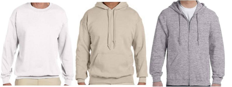 May include: Three different sweatshirts: a white crew neck sweatshirt, a beige hooded sweatshirt, and a gray zippered hooded sweatshirt.
