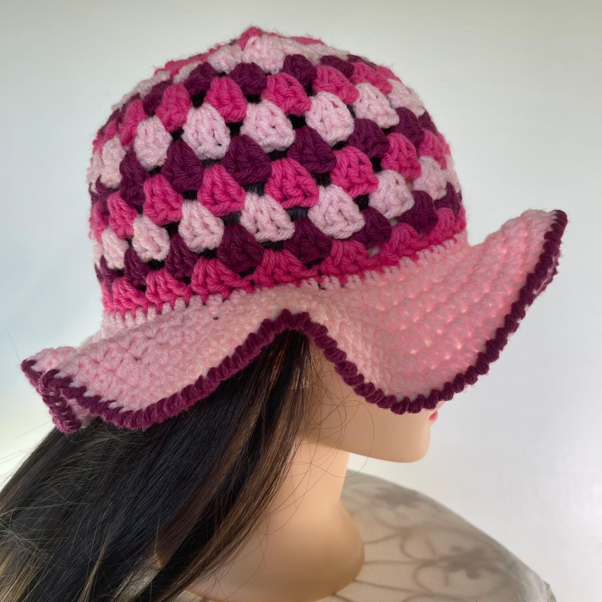 Crochet Bucket Hat Granny Square Pattern Pink Burgundy Adult 