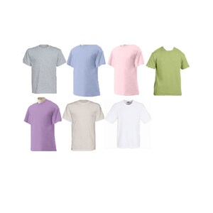 May include: Eight plain t-shirts in different colors: light gray, light blue, light pink, light green, lavender, beige, and white.