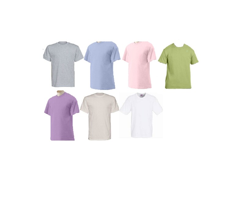 May include: Eight plain t-shirts in different colors: light gray, light blue, light pink, light green, lavender, beige, and white.
