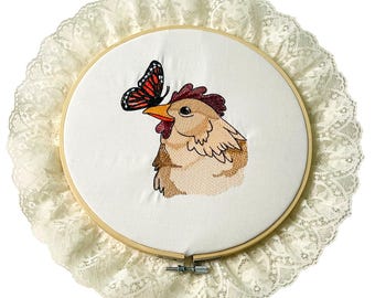 Chicken Butterfly Art Embroidery Wall Hanging Wood Embroidery Hoop Frame 13"