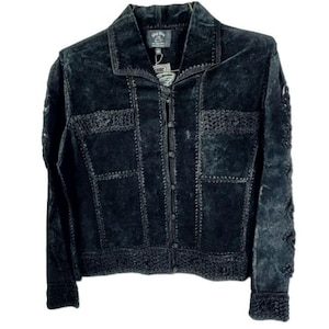 Chaqueta vintage de ante negro con patchwork de Ying Ying de Nevada, talla M, NUEVA, de stock antiguo.