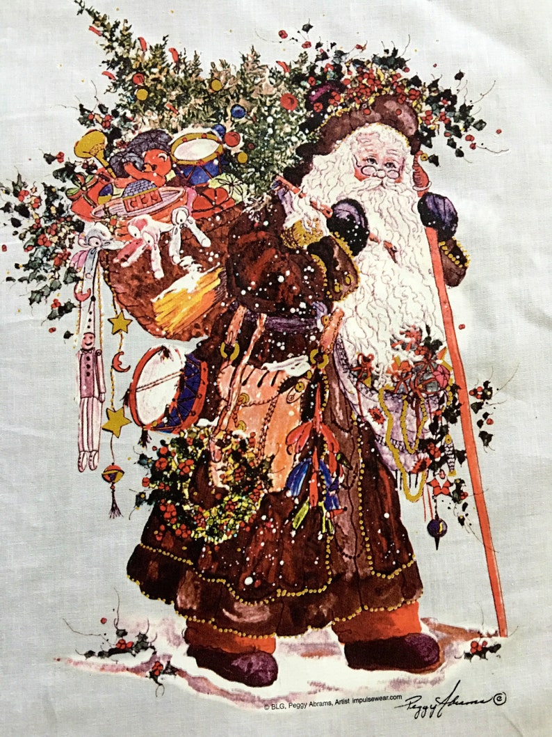 May include: A vintage illustration of Santa Claus carrying a sack full of toys and a walking stick. He is wearing a brown coat, a white beard, and a red hat. The background is a light blue with snowflakes.