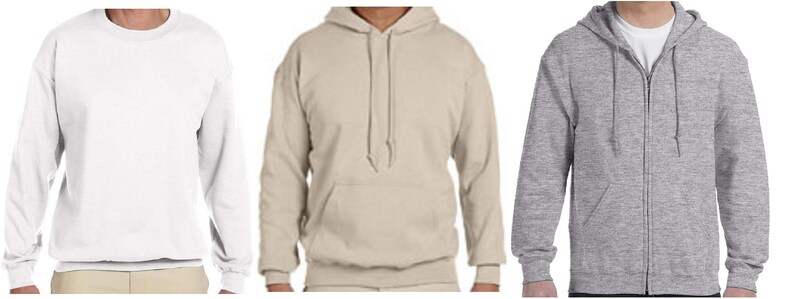 May include: Three sweatshirts in different colors and styles: a white crewneck sweatshirt, a beige hooded sweatshirt, and a gray zippered hoodie.