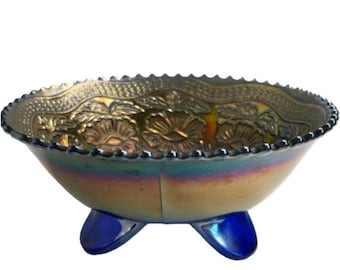 Antique Fenton Blue Carnival Glass Footed Bowl Two Flowers Pattern Pristine 1910