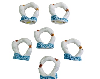 Vintage Napkin Rings White Dolphin Ceramic Porcelain Coastal Decor 6 Pc Set