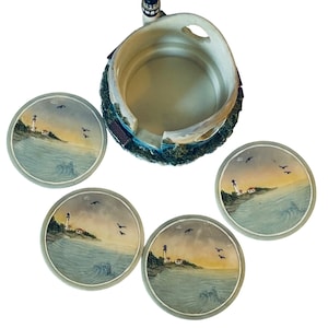 Lighthouse Coaster Set Sandstone Tropical Decor 4 pc with 3D Storage Stand