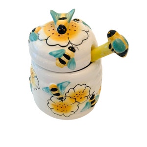 Vintage bijenkorfhoningpot met keramische lepel 3-delige set 4,5 x 3,25 inch
