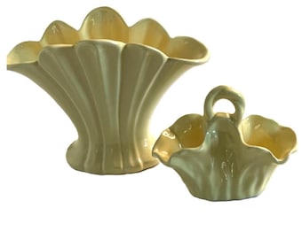 Vintage Royal Haeger Yellow Fan Vase and Basket Set MCM Art Deco Canary Matte