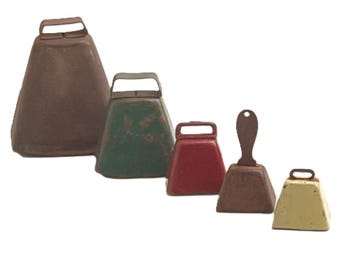 Vintage Metal Cowbell Lot of 5 Primitive Antique Farmhouse Decor 1.75" - 4.25"