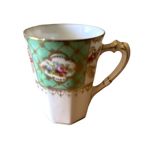 Demitasse Teacup Hand Painted Mint Green and Floral Gold Trim 2.25 w x 3&quot; h