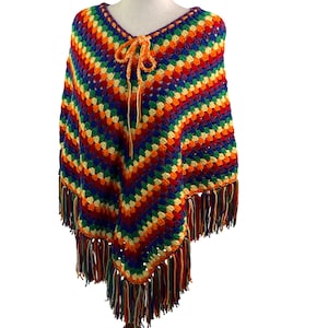 Crochet Poncho Fringed Rainbow Color Granny Square Stitch Unisex Adult Size New