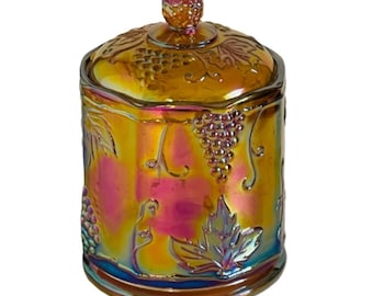 Vintage Marigold Carnival Glass Canister Jar Harvest Grape Pattern Lidded Dish