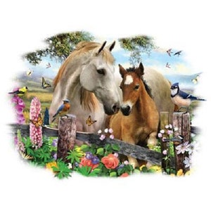 May include: A white horse and a brown foal stand side-by-side, nuzzling each other. They are in a field with a wooden fence and colorful flowers. There are also several birds and butterflies in the image.