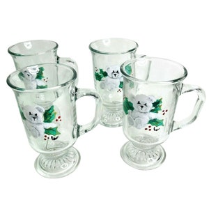 Christmas Mugs Footed Glass for Irish Coffee Tea Hot Cocoa Hand Painted Bears 5&quot;