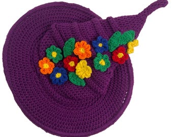 Crochet Witch Wizard Hat Purple w/ Red Orange Yellow Green Blue Flowers Handmade Crochet Witch Wizard Hat Purple W/ Red Orange Yellow Green  main image 3