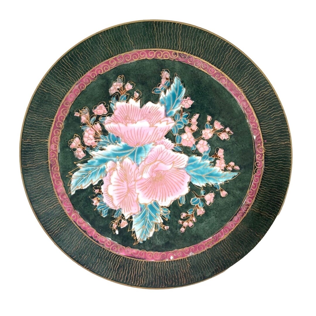 Green Floral Plate Vintage Chinese Import Hand Painted 10.5 Etsy