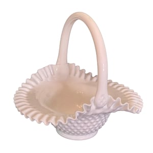 Large Fenton Milk Glass Basket Hobnail Ruffled 9&quot; x 10&quot; Vintage Pre 1970&#39;s Mark