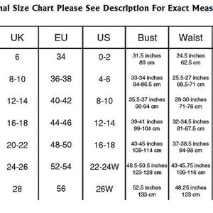 May include: International size chart for clothing with measurements in inches and centimeters. Sizes include XS, S, M, L, XL, XXL, and XXXL. The chart shows UK, EU, and US sizes, as well as bust, waist, and hip measurements.