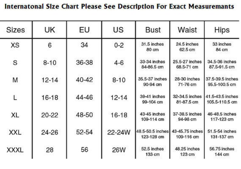 May include: International size chart for clothing with measurements in inches and centimeters. Sizes include XS, S, M, L, XL, XXL, and XXXL. The chart shows UK, EU, and US sizes, as well as bust, waist, and hip measurements.