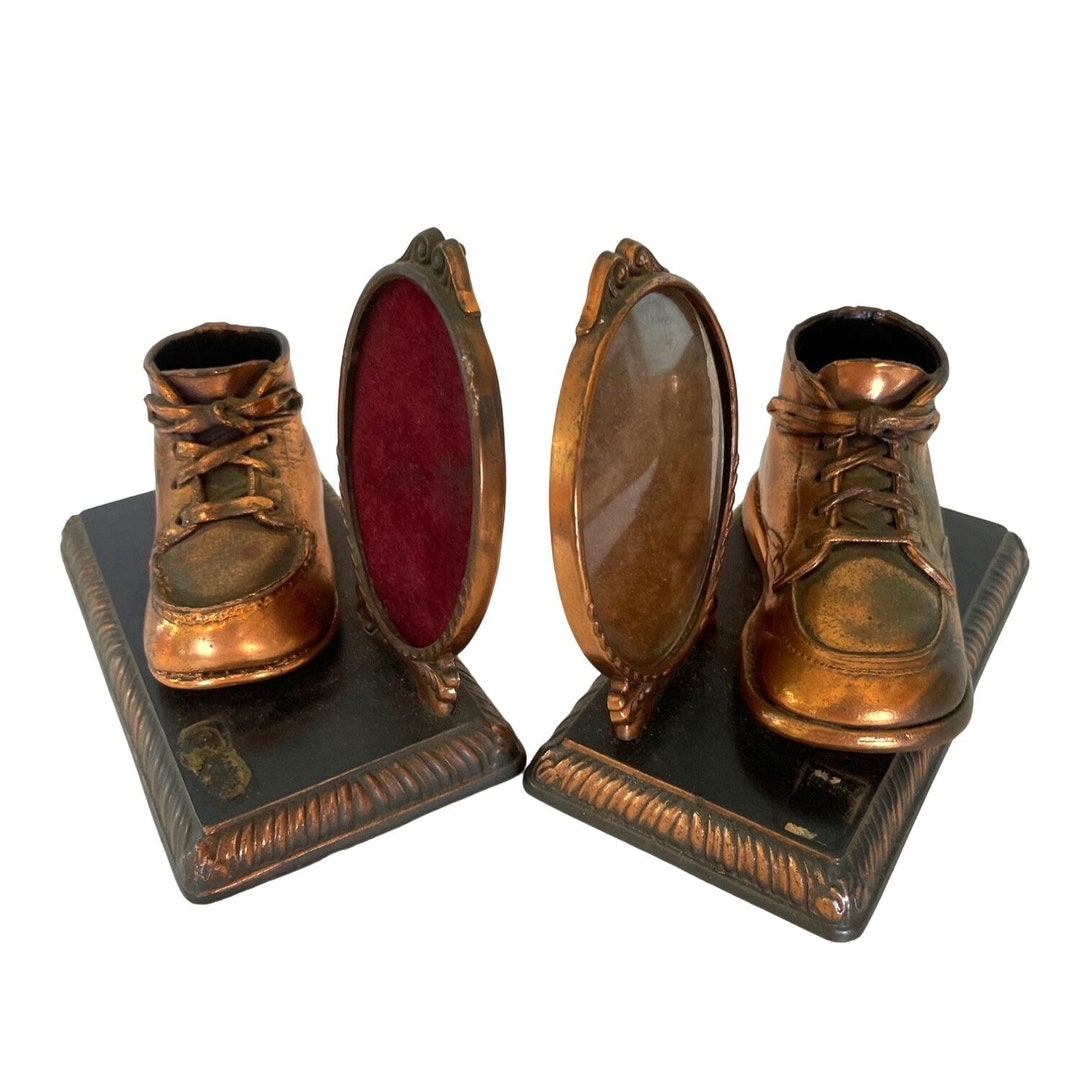 Pair of Copper Bronze Baby Shoe Boots Picture Photo Frame Vintage 7.25
