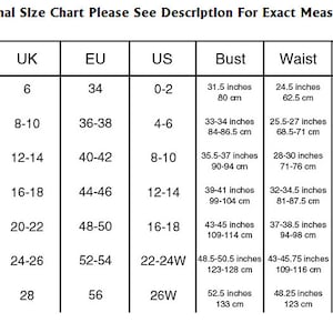 May include: International size chart for clothing with measurements in inches and centimeters. Sizes include XS, S, M, L, XL, XXL, and XXXL. The chart shows UK, EU, and US sizes, as well as bust, waist, and hip measurements.