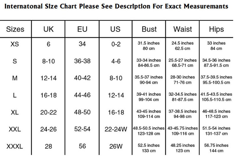 May include: International size chart for clothing with measurements in inches and centimeters. Sizes include XS, S, M, L, XL, XXL, and XXXL. The chart shows UK, EU, and US sizes, as well as bust, waist, and hip measurements.