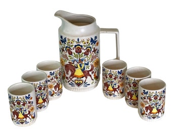 Vintage Stoneware Pitcher with 6 Cups Scandinavian Folk Art Design Made in Japan