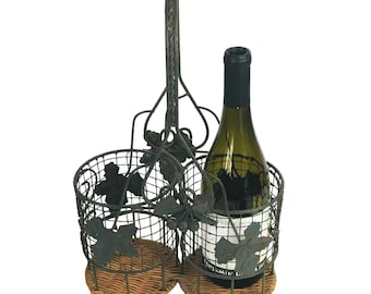 Vintage wijnflesmand metaal rieten druivenblad rustiek design caddy