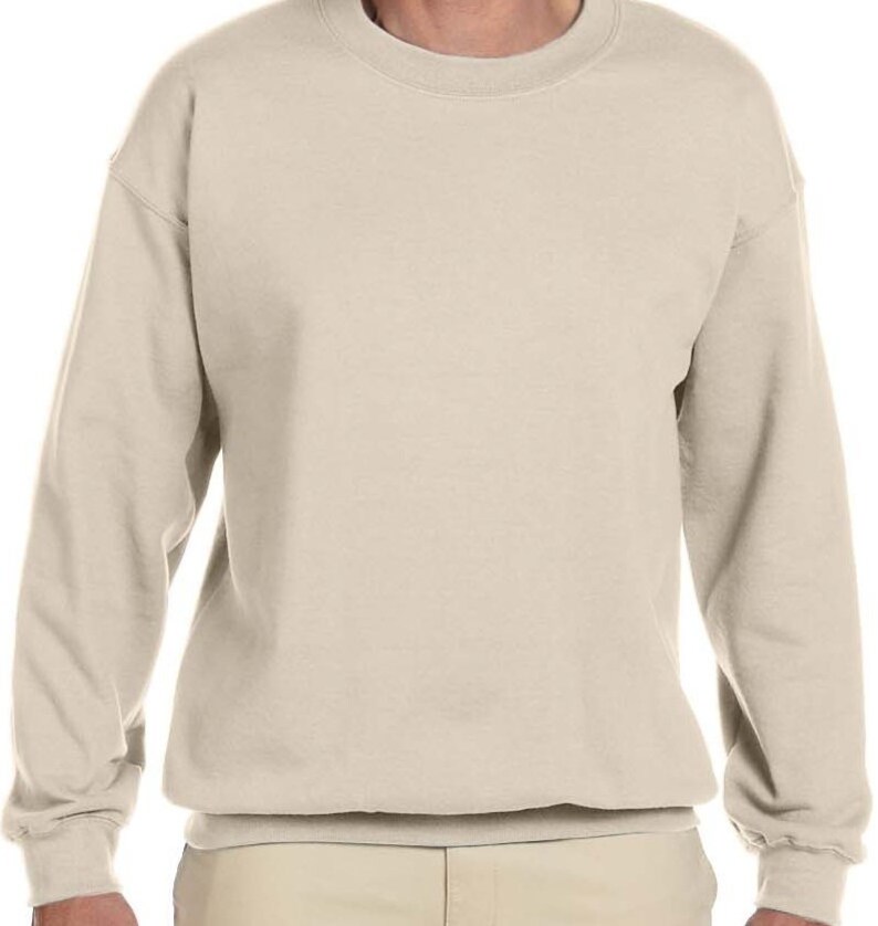 May include: A plain, light beige sweatshirt with long sleeves and a crew neck.