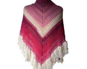 Crochet Shawl with Fringe Shades of Pink and White Handmade 72" x 40"