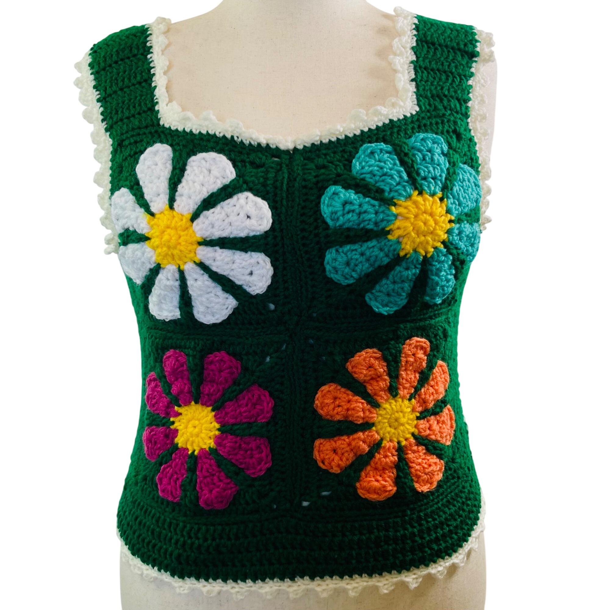 Crochet Vest Tank Top Retro 70's Hippie Flower Power Rib Tickler
