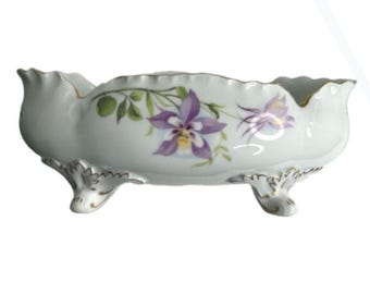 Antique J&C Malmaison Bavaria 12" Footed Bowl Hand Painted Colorado Columbine