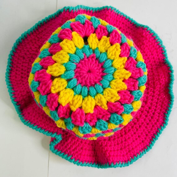 Crochet Bucket Hat Granny Square Pattern Pink Green Yellow  display picture 1