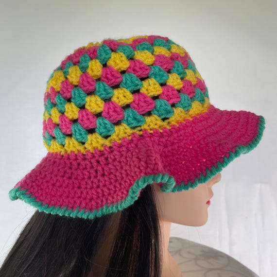 Crochet Bucket Hat Granny Square Pattern Pink Green Yellow  display picture 1
