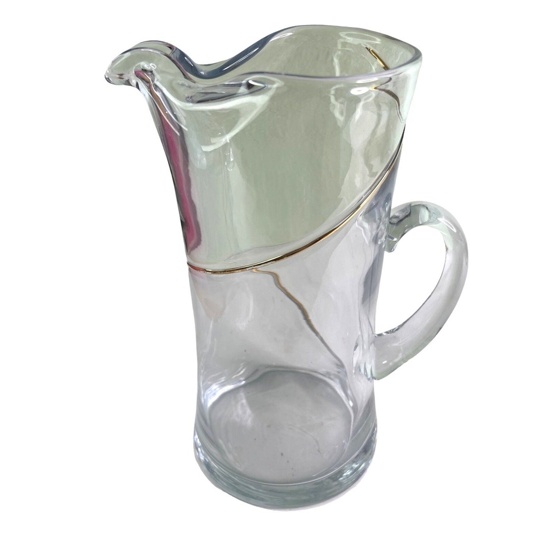Vintage Blown Glass Cocktail Pitcher Pinched Lip Draping Gold Accent