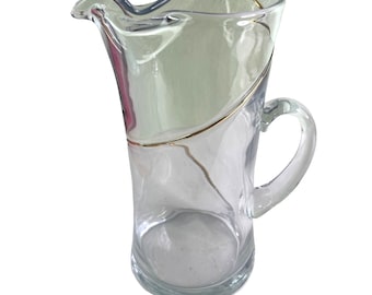 Vintage Blown Glass Cocktail Pitcher Pinched Lip Draping Gold Accent Trim 10"