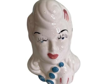 Vintage Glamour Girl Lady Head Vase 7" MCM Ceramic Bust Planter 1940's Style