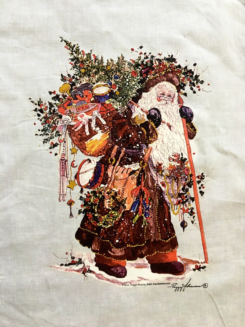 May include: A vintage Christmas fabric featuring a Santa Claus carrying a sack full of toys and a walking stick. The fabric is white with a light blue background and features a festive winter scene with holly and snow.