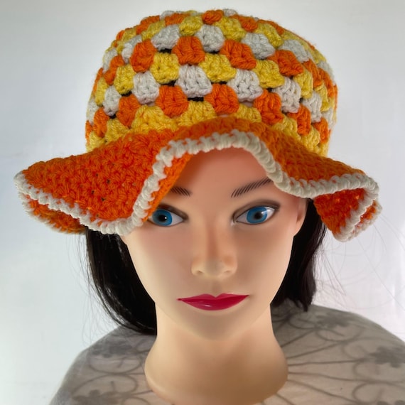 Crochet Bucket Hat Granny Square Pattern Orange Yellow White Adult