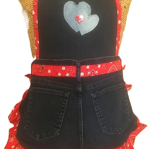 Cute Apron Country Style Blue Denim Red Trim and Pockets for Cooking Baking Crafting Gardening