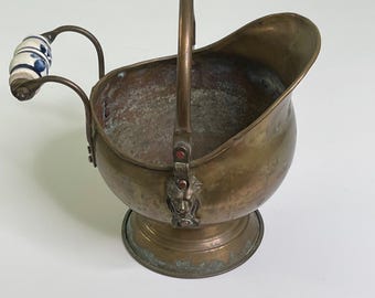 Vintage Coal and Ash Skuttle Holland Brass and Copper Porcelain Handle Lion Head